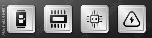 Set Electric light switch, Processor with microcircuits CPU, Processor with microcircuits CPU and High voltage icon. Silver square button. Vector