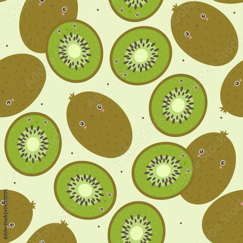 Fresh kiwi background. Hand drawn overlapping backdrop. Colorful wallpaper vector. Seamless pattern with fruits. Decorative illustration, good for printing