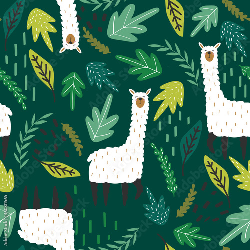 Lamas, leaves,  hand drawn backdrop. Colorful seamless pattern with animals. Decorative cute wallpaper, good for printing. Overlapping background vector, happy alpacas. Llama