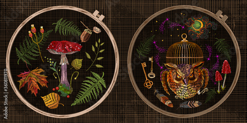 Embroidery collection. Owl, golden cage, vintage key, moon, mushrooms and autumn leaves. Template tambour frame with a canvas, elements from stitches. Occult and esoteric art