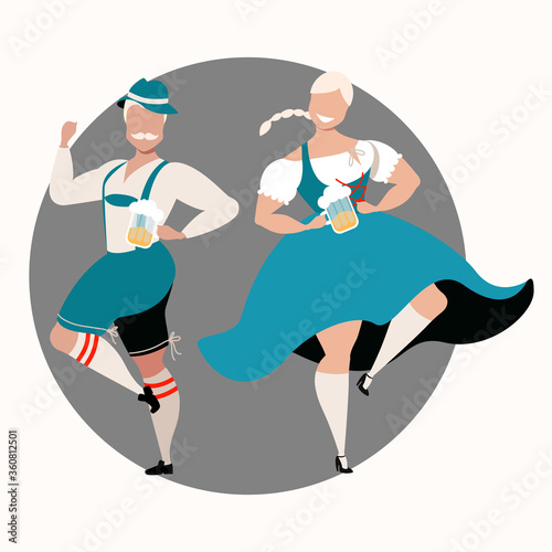 Man and woman celebrating the Bavarian holiday. Beer fest in Germany. Oktoberfest celebration. Round sticker designs for web and print. Modern vector illustration. People in traditional costumes.