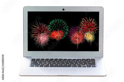 laptop or notebook with firework image on screen.