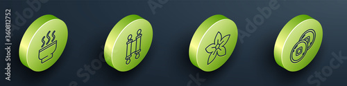 Set Isometric Chinese tea ceremony, Decree, paper, parchment, scroll, Lotus flower and Chinese Yuan currency icon. Vector