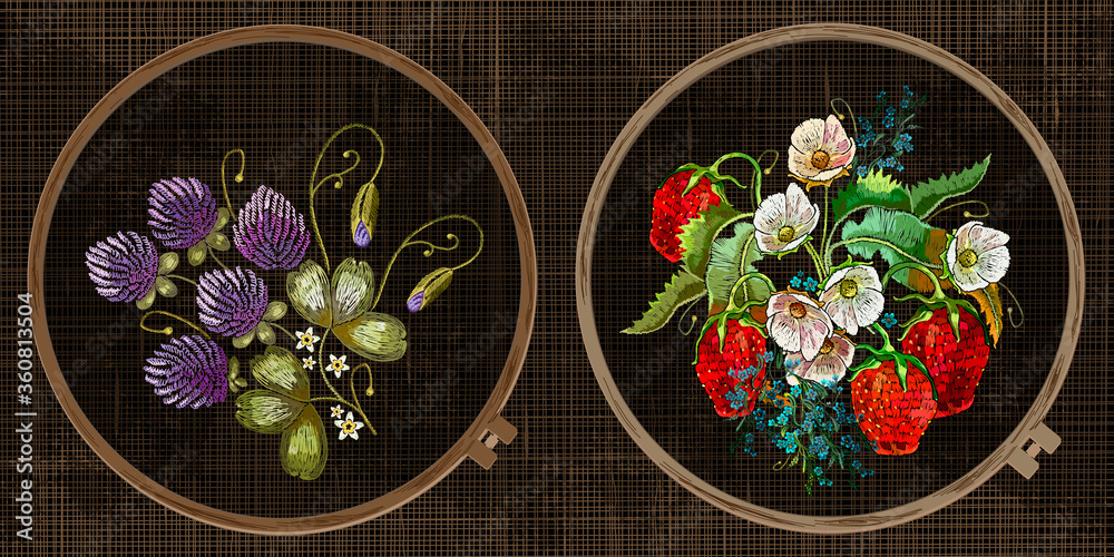 Embroidery collection. Strawberry plant with leaves, berries and flower. Template tambour frame with a canvas, elements from stitches. Art for clothes - obrazy, fototapety, plakaty 