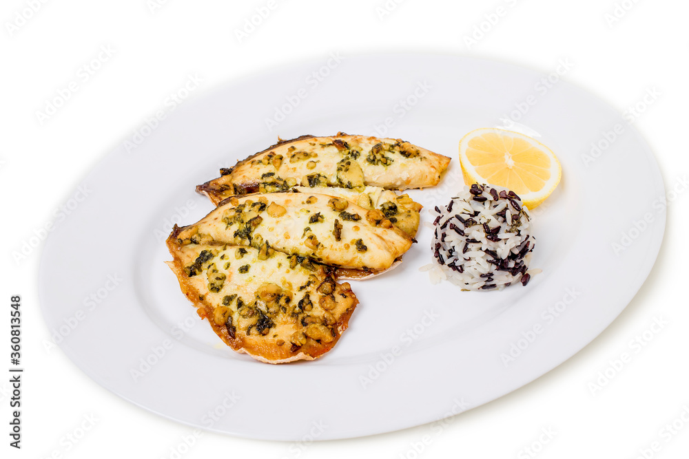 Roasted chicken in nuts and black and white rice. Roasted chicken in nuts and black and white rice.