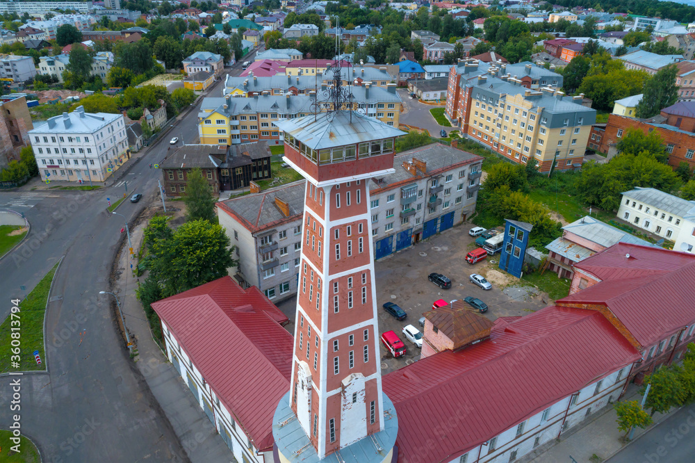Obraz premium Old fire tower by close-up on a July day (shooting from a quadrocopter). Rybinsk, Russia