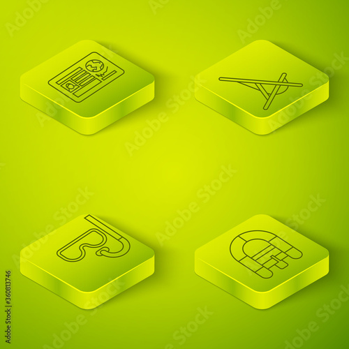 Set Isometric Sunbed, Diving mask and snorkel, Rafting boat and Passport with visa stamp icon. Vector