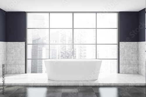 Panoramic white and blue bathroom with tub