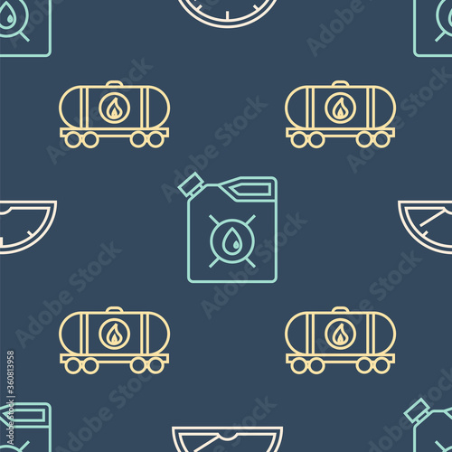 Set line Speedometer, Oil railway cistern and Canister for motor machine oil on seamless pattern. Vector
