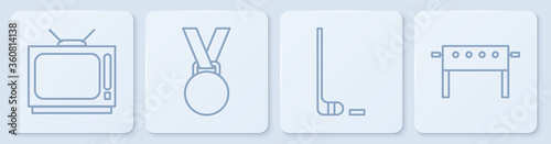 Set line Retro tv, Ice hockey stick and puck, Medal and Hockey table. White square button. Vector
