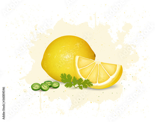 Yellow lemon  and lemon slice vector illustration with green chili pieces and coriander leves