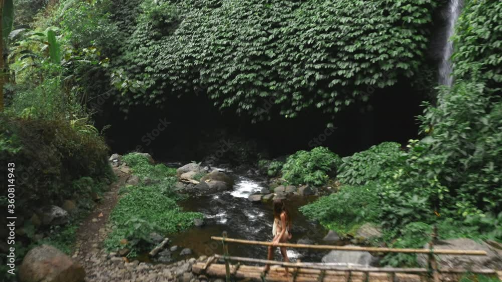 A forward moving aerial shot of a lightly dressed young girl crossing a gangplank bridge over a jungle stream in a hidden tropical valley with ferns and waterfalls. Young girl in a jungle valley. A forward moving aerial shot of a lightly dressed young girl crossing a gangplank bridge over a jungle stream in a hidden tropical valley with ferns and waterfalls. Young girl in a jungle valley.