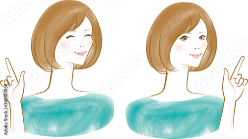 笑顔で右と左と指差しポイント案内をする女性