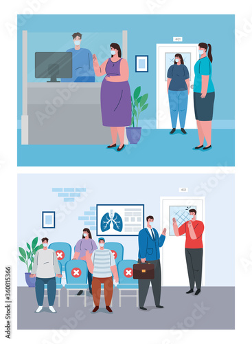 set scenes of distancing social, keep distance in public, prevention coronavirus covid 19 vector illustration design