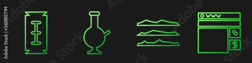 Set line Cocaine or heroin drug, Blade razor, Glass bong for smoking marijuana and Buying drugs online. Gradient color icons. Vector
