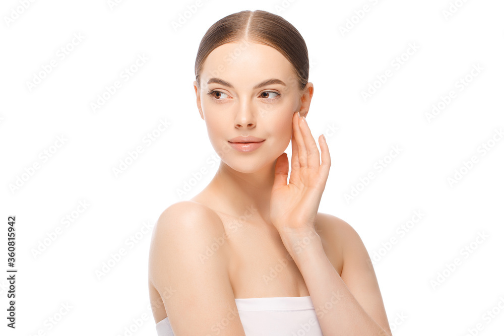 Beauty woman with hand near face looking away, isolated on white background. Skincare or cosmetic ads. Beautiful female model with perfect fresh and clean skin Beauty woman with hand near face looking away, isolated on white background. Skincare or cosmetic ads. Beautiful female model with perfect fresh and clean skin