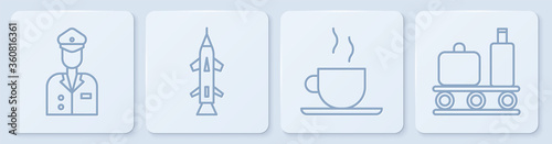 Set line Pilot, Coffee cup, Rocket and Airport conveyor belt with suitcase. White square button. Vector