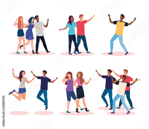 happy characters, group young people, friendship excitement, cheerful laughing from happiness vector illustration design