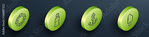 Set Isometric Lifebuoy, Bottle of water, Anchor and Ice cream icon. Vector
