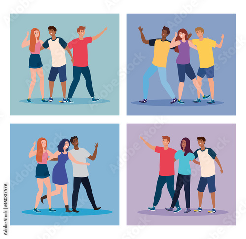 set scenes of happy characters, young people, friendship excitement, cheerful laughing from happiness vector illustration design