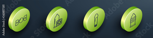 Set Isometric Silicone ball gag with belt, Condom, Dildo vibrator and Condom safe sex icon. Vector