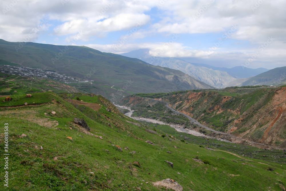 Mountainous landscape. View at Usukhchay river and Mikrakh village. Dagestan, North Caucasus, Russia.