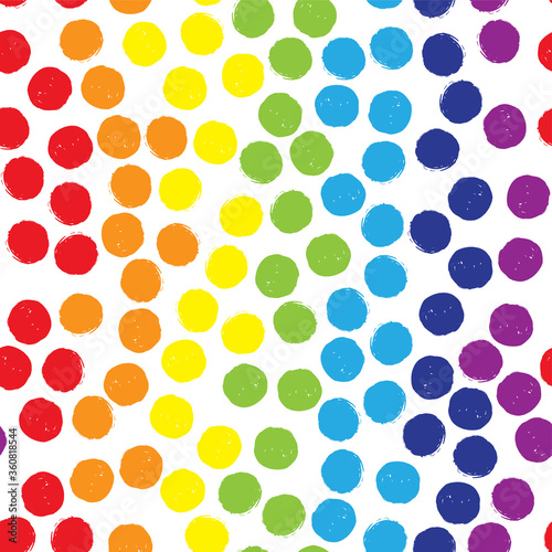 Fototapeta Naklejka Na Ścianę i Meble -  Rainbow polka dot seamless pattern on white background. Vector design for textile, backgrounds, clothes, wrapping paper, web sites and wallpaper. Fashion illustration seamless pattern.