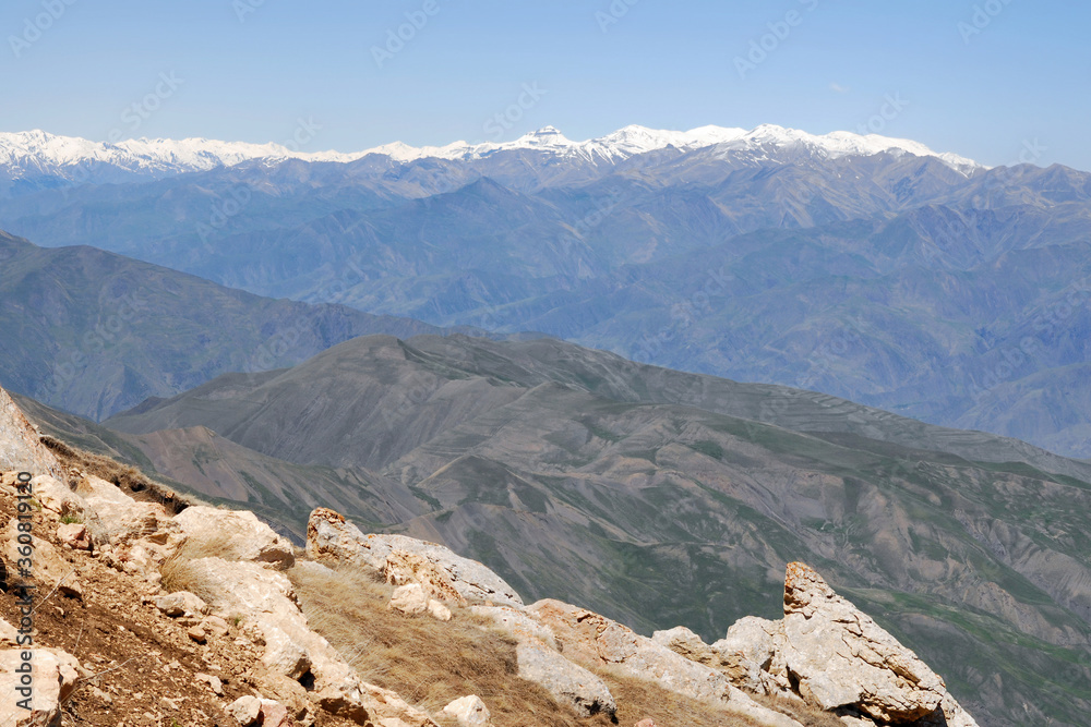 Mountainous landscape. View at Samur river valley from Mount Shalbuzdag slope. Dagestan, North Caucasus, Russia.