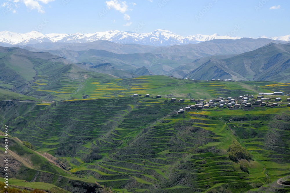 Rural mountainous landscape. Vicinity of Urkarakh village. Dagestan, North Caucasus, Russia.