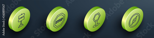 Set Isometric Road traffic sign, Stop sign, Road traffic sign and Compass icon. Vector