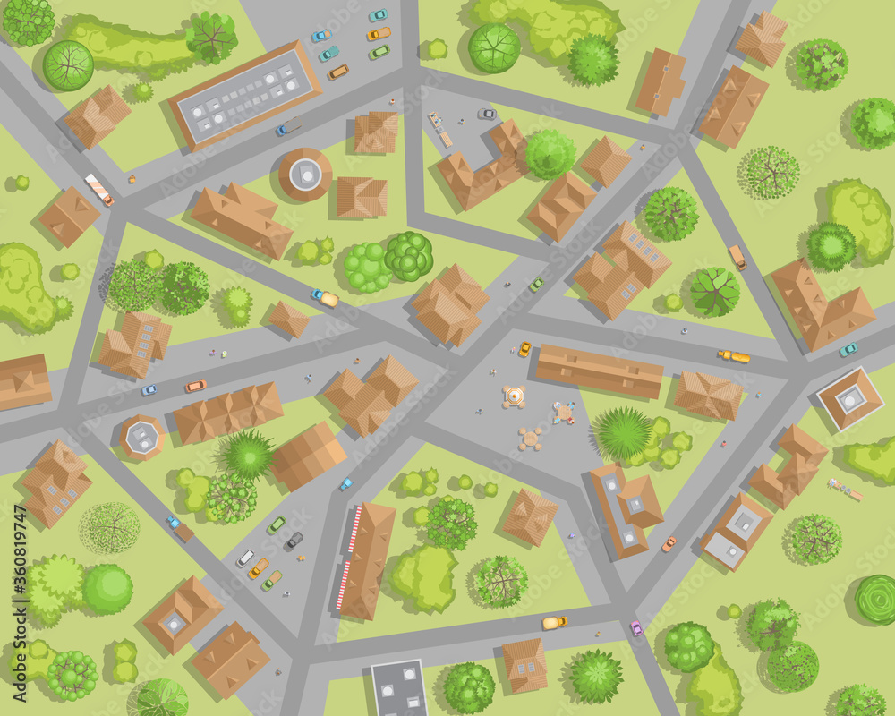 Vector illustration. City top view.
Streets, houses, buildings, roads, crossroads, trees, cars. Cityscape. (view from above) 