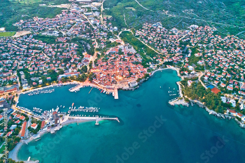 Idyllic Adriatic island town of Krk aerial evening view