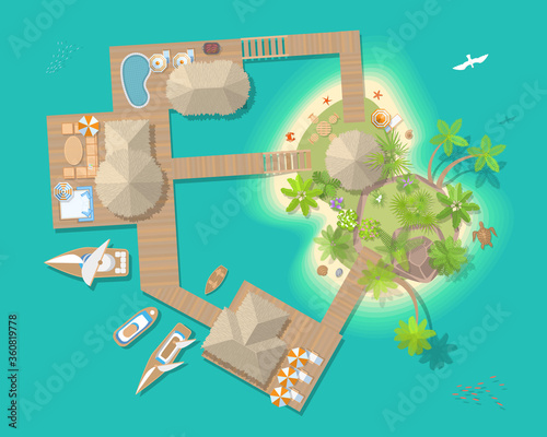 Vector illustration. Tropical island with Bungalow. Top view. Sunny beach resort. (view from above)