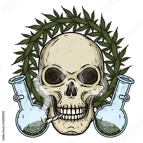 Skull. Skull with bong and marijuana leaves. Rastaman skull with cannabis leafs and spliff.