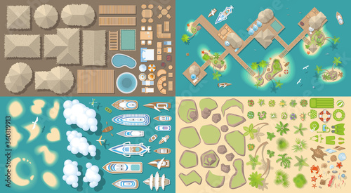 Vector set. Summer vacation. Tropical islands. (top view) Bungalows, Islands, yachts, palm trees, furniture, rocks, flowers. (view from above)