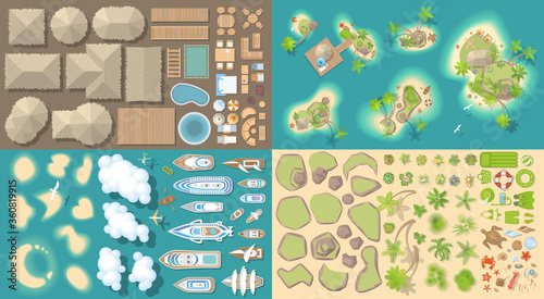 Vector set. Summer vacation. Tropical islands. (top view) Bungalows, Islands, yachts, palm trees, furniture, rocks, flowers. (view from above) photo