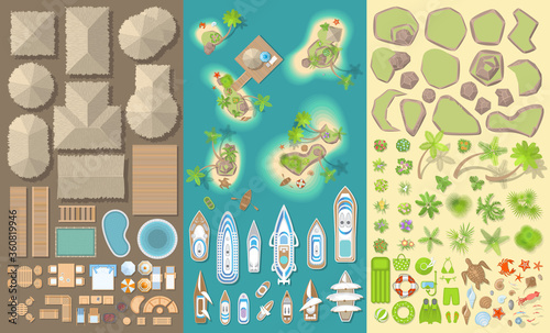 Vector set. Summer vacation. Tropical islands. (top view) Bungalows, Islands, yachts, palm trees, furniture, rocks, flowers. (view from above)