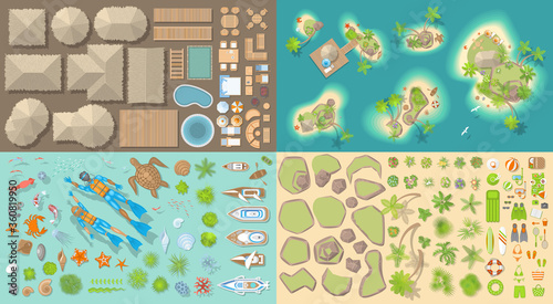 Vector set. Summer vacation. Tropical islands. (top view) Diving set. (view from above)
