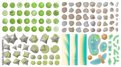 Set of landscape elements. (Top view) Mountains, hills, rocks, stones, trees, plants, beach, pond, river. (View from above) 