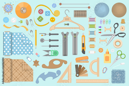 Vector set. Tailor's tools. Sewing accessories. Top view. Clothing designer tools. (view from above)