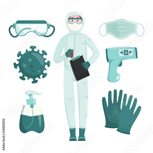Doctor virologist in a protective suit is fighting an epidemic and a pandemic. Set with medical equipment. Search for COVID-19 vaccine. No infection and stop coronavirus. Vector cartoon illustration.