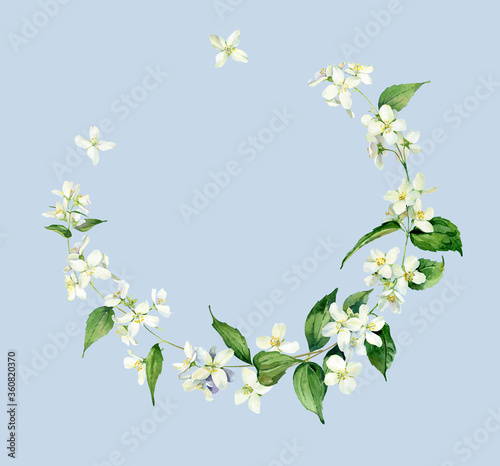Jasmine watercolor wreath.For greetings, invitations, weddings, anniversaries and birthday  © Olga F