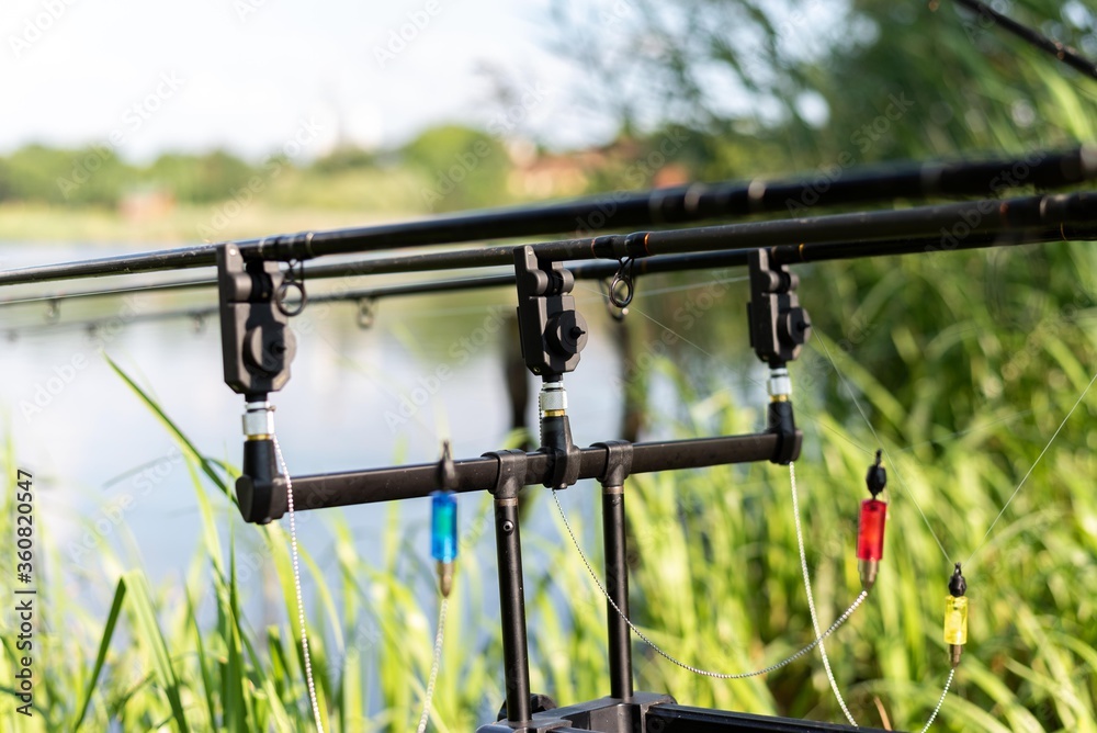 carp fishing alarm isolated. carp fishing rods on rod pod