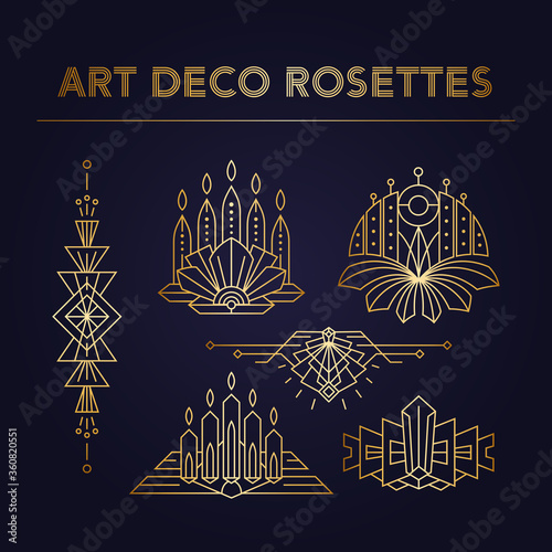 Vintage set of 1920s decorations. Art Deco rosette ornaments known as palm or palmette. Perfect for headers, arcs, frames a-la Roaring 20s. Retro linear design elements, isolated vector templates