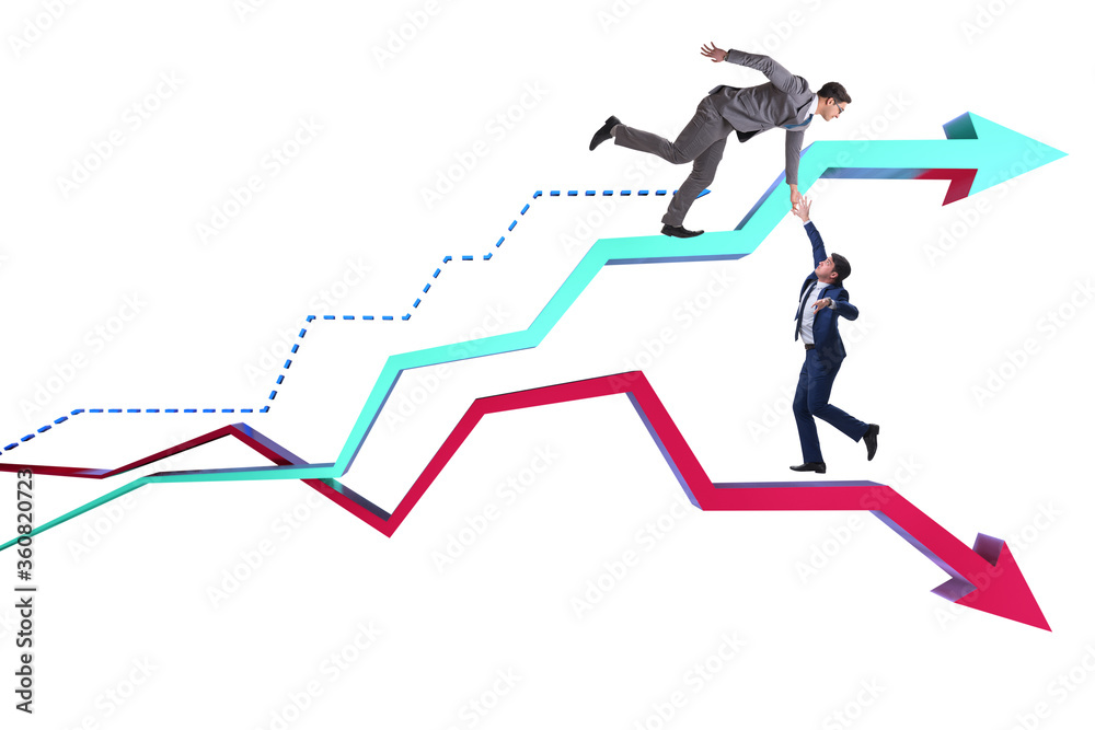 Businessman saving competitor during the crisis Businessman saving competitor during the crisis