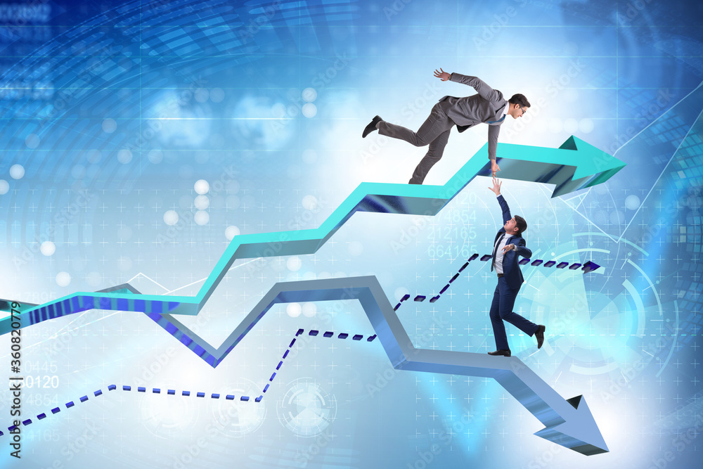 Businessman saving competitor during the crisis Businessman saving competitor during the crisis