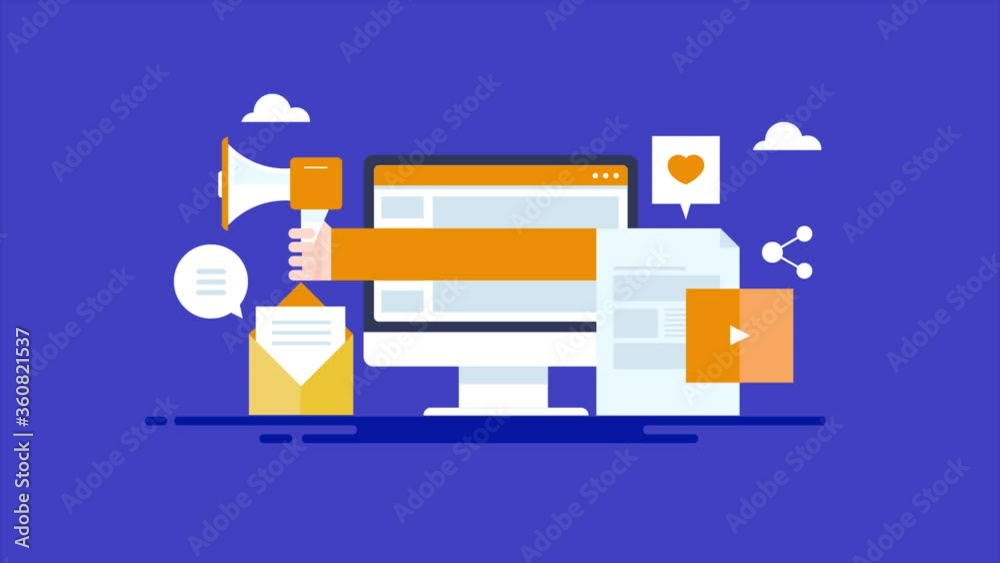 Content marketing, blogging, social media marketing, hand with megaphone, promoting brands online, 2d animation, 4k video clip. Content marketing, blogging, social media marketing, hand with megaphone, promoting brands online, 2d animation, 4k video clip.