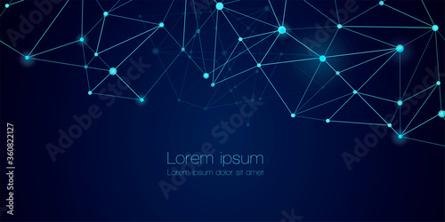 Abstract technology Network nodes Vector background. Connection science and futuristic technology, digital data tech structure, connected points on polygon grid on dark blue