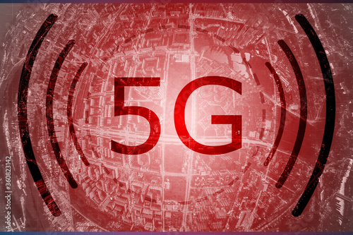 Creative red background with 5G logo. Modern data transfer technologies. High speed Internet. 5G Internet network. The 5G symbol is located above the city.