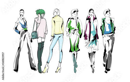 Beautiful young women in modern style.. Hand drawn stylish woman portrait. Fashion lady. Festive outfit. Sketch. Fashion model posing in dress. Hand drawn fashion woman.